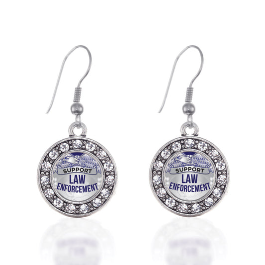 Silver Law Enforcement Support Circle Charm Dangle Earrings