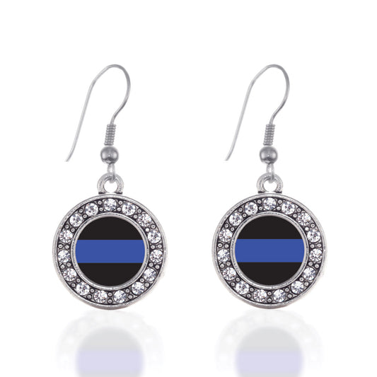 Silver Blue Line Law Enforcement Support Circle Charm Dangle Earrings