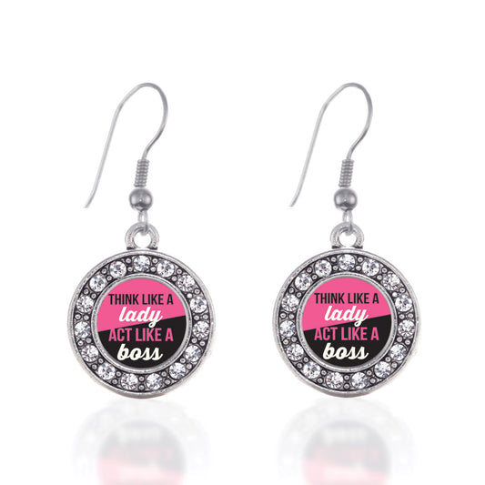 Silver Think Like a Lady Circle Charm Dangle Earrings