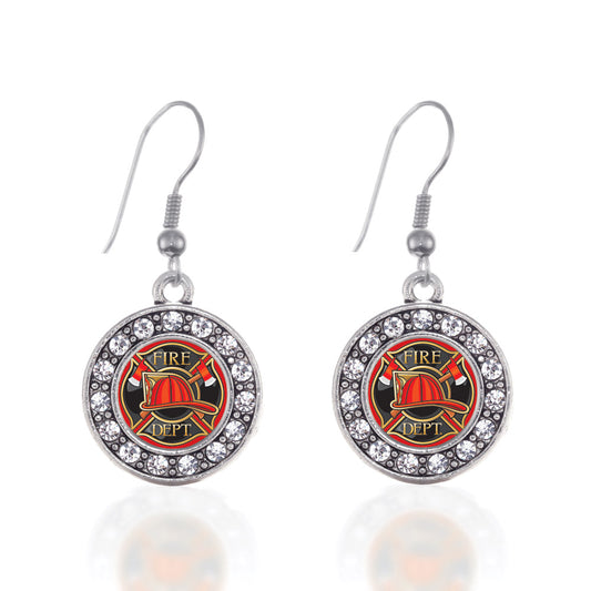 Silver Fire Department Badge Circle Charm Dangle Earrings