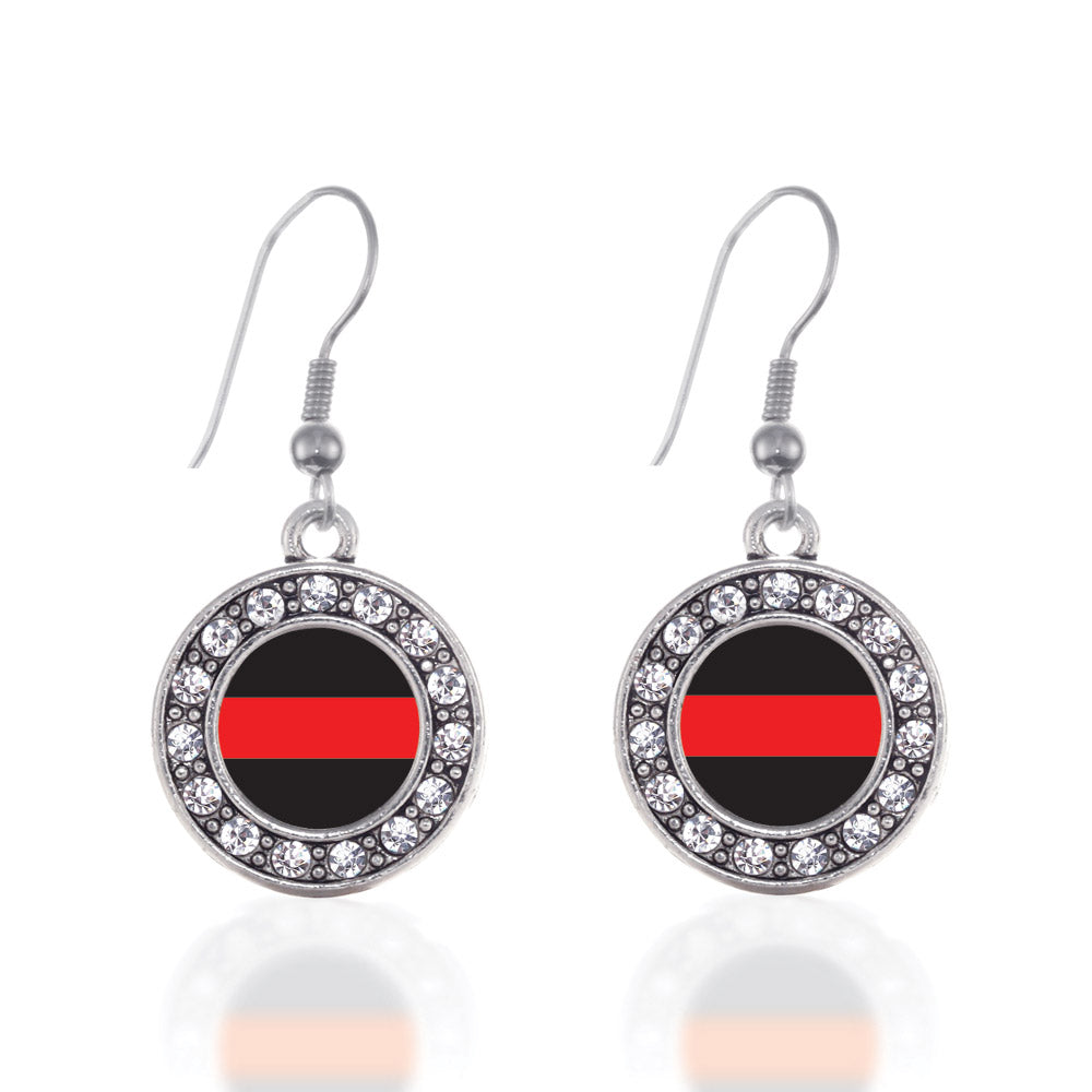 Silver Thin Red Line Fire Department Support Circle Charm Dangle Earrings
