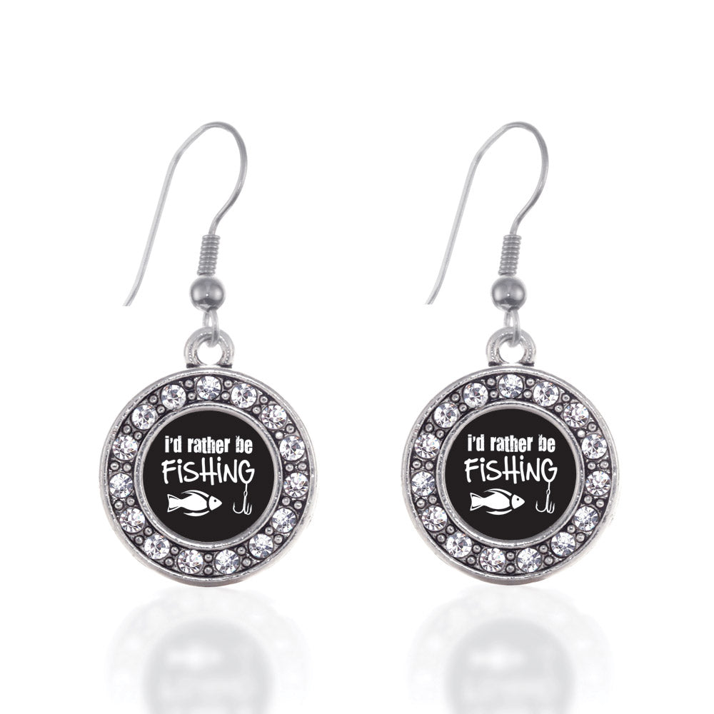Silver I'd Rather Be Fishing Circle Charm Dangle Earrings