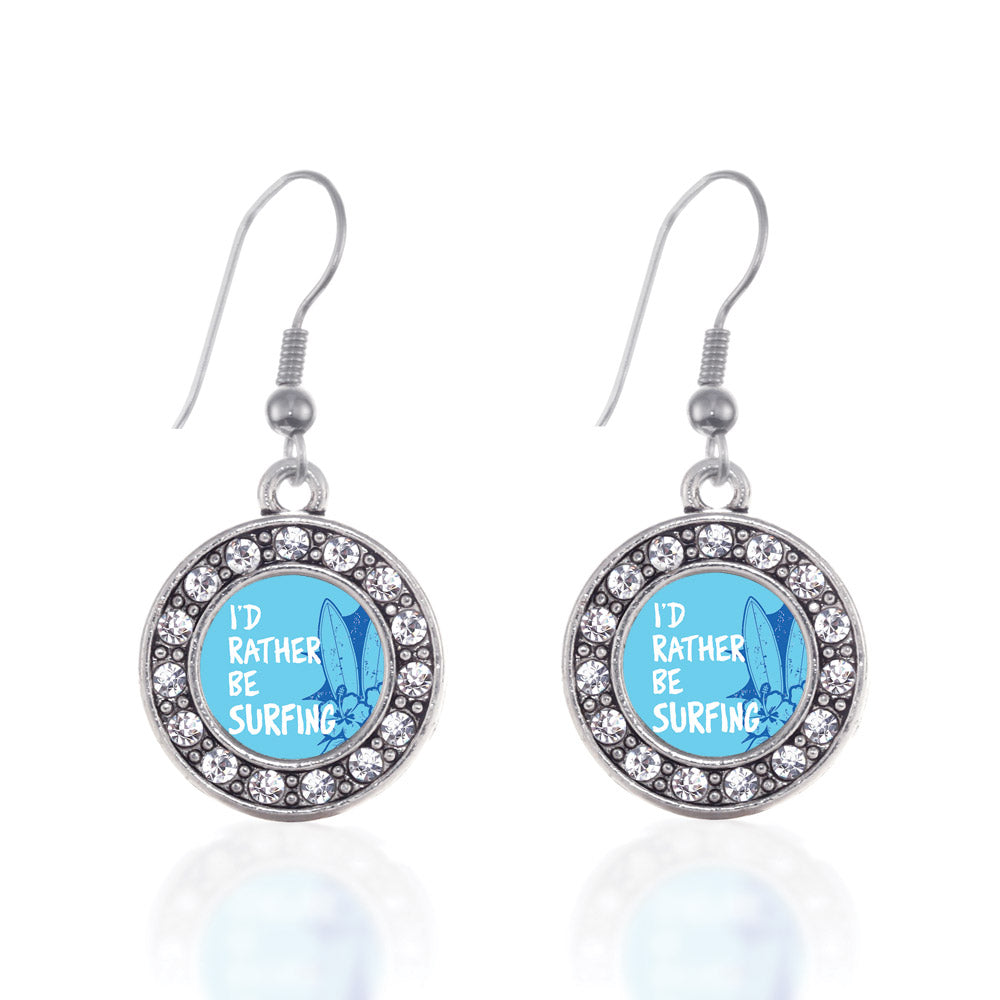 Silver I'd Rather Be Surfing Circle Charm Dangle Earrings