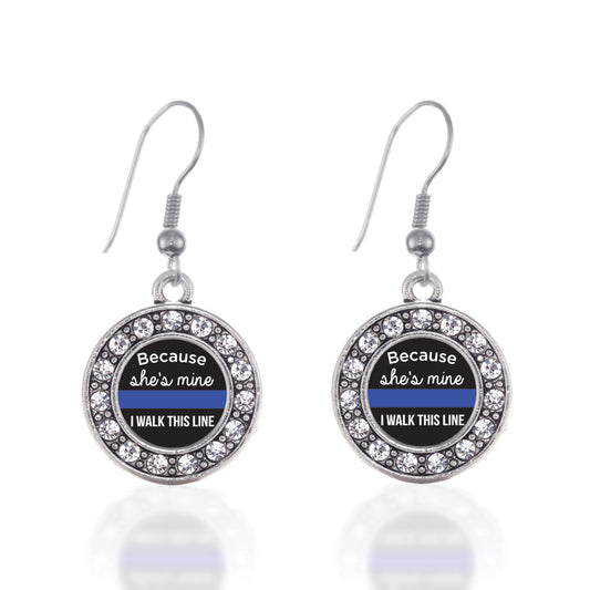 Silver Because She's Mine Blue Line Circle Charm Dangle Earrings
