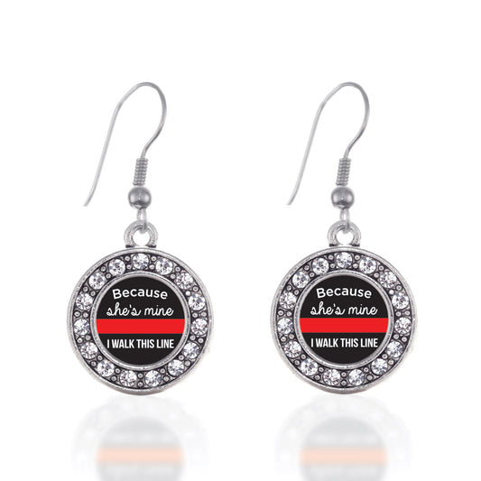 Silver Because She's Mine Red Line Circle Charm Dangle Earrings