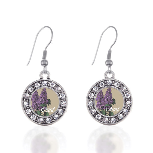 Silver Aunt Lilac Flower Circle Charm Dangle Earrings