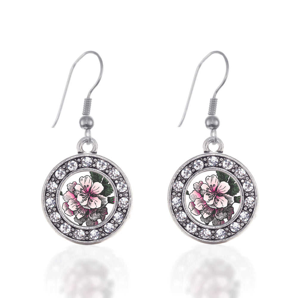 Silver Apple Blossom Circle Charm Dangle Earrings