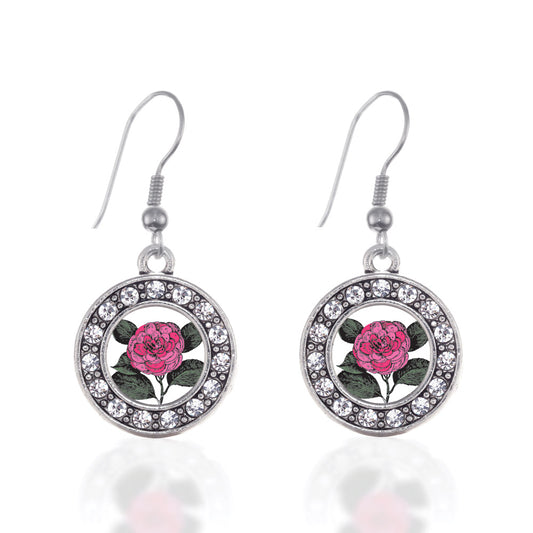 Silver Camelia Flower Circle Charm Dangle Earrings