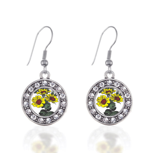 Silver Coreopsis Flower Circle Charm Dangle Earrings