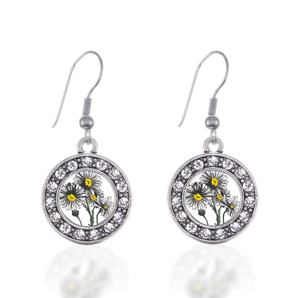 Silver Daisy Flower Circle Charm Dangle Earrings