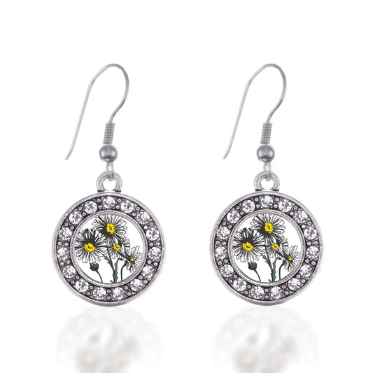 Silver Daisy Flower Circle Charm Dangle Earrings