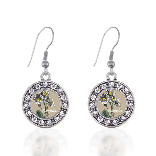 Silver Daughter Daisy Flower Circle Charm Dangle Earrings