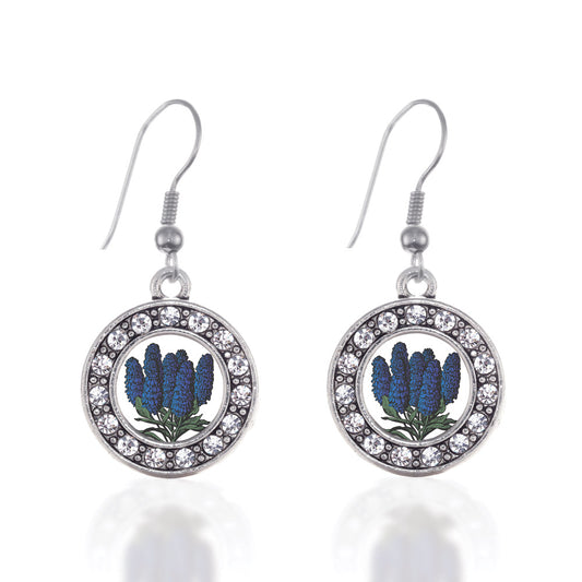Silver Delphinium Flower Circle Charm Dangle Earrings