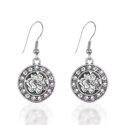 Silver Gardenia Flower Circle Charm Dangle Earrings