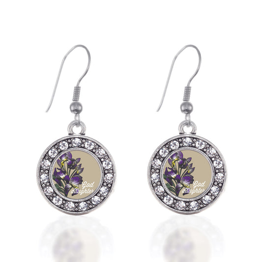 Silver God Daughter Iris Flower Circle Charm Dangle Earrings