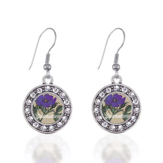 Silver God Mother Violet Circle Charm Dangle Earrings