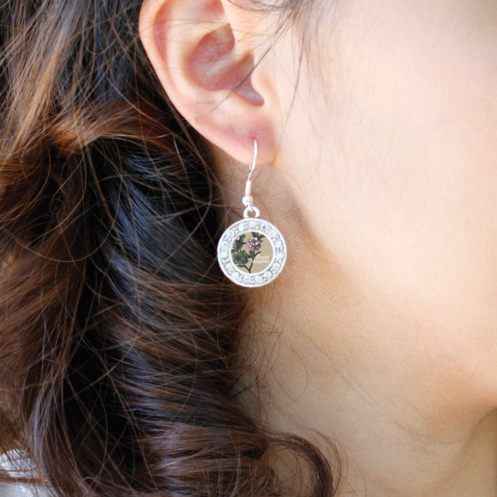 Silver Grand Daughter Apple Blossom Flower Circle Charm Dangle Earrings