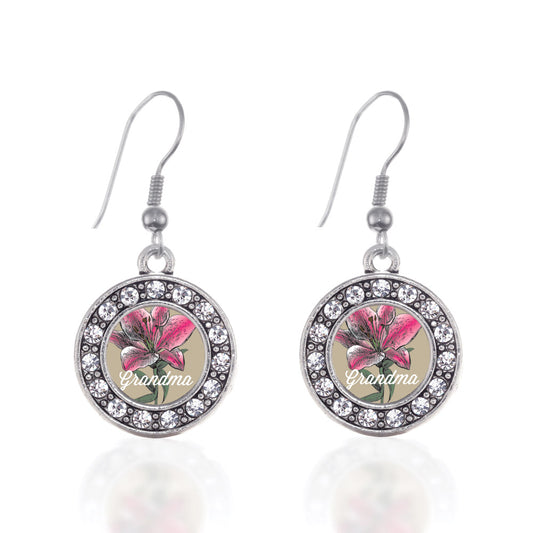 Silver Grandma Lily Flower Circle Charm Dangle Earrings