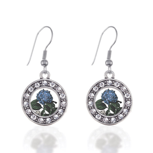 Silver Hydrangea Flower Circle Charm Dangle Earrings