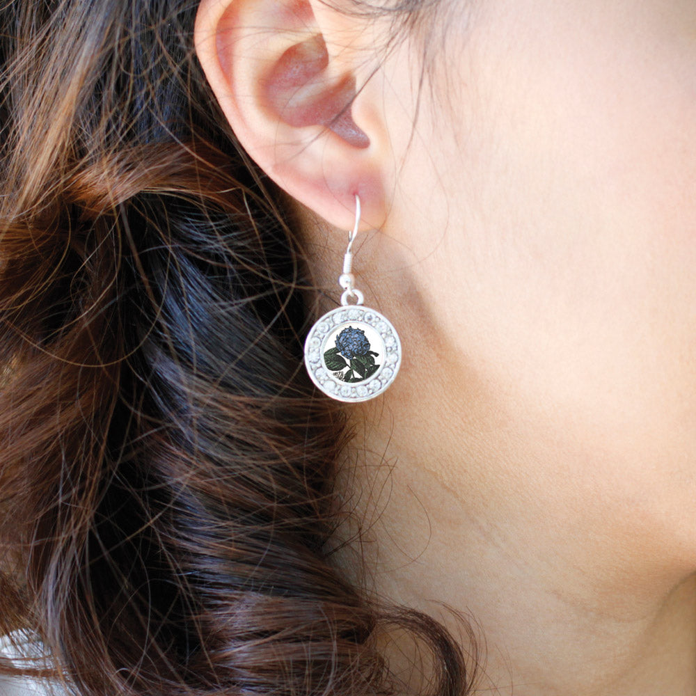 Silver Hydrangea Flower Circle Charm Dangle Earrings