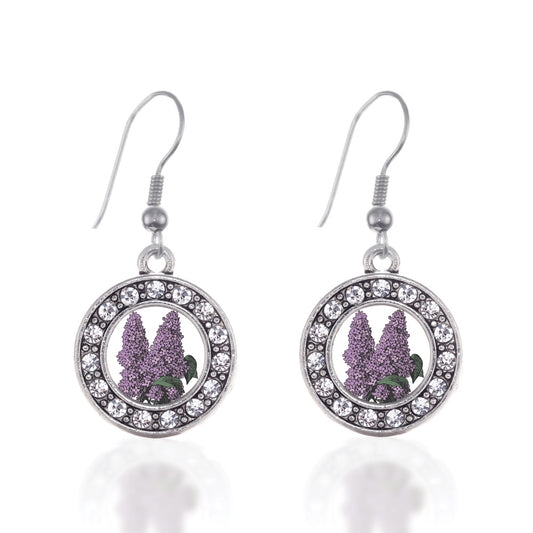 Silver Lilac Flower Circle Charm Dangle Earrings