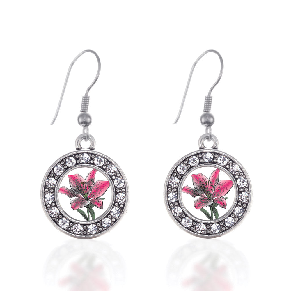 Silver Lily Flower Circle Charm Dangle Earrings