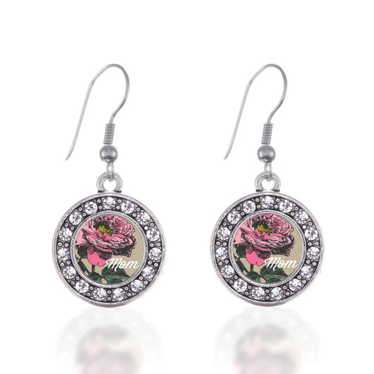 Silver Mom Peony Flower Circle Charm Dangle Earrings
