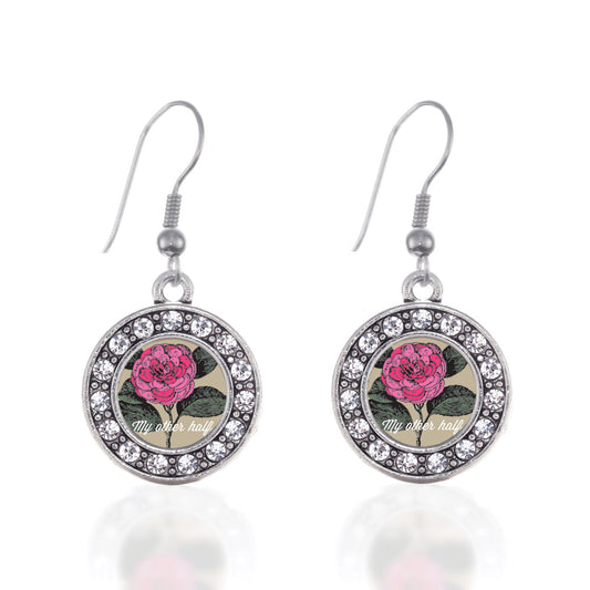 Silver My Other Half Camellia Flower Circle Charm Dangle Earrings