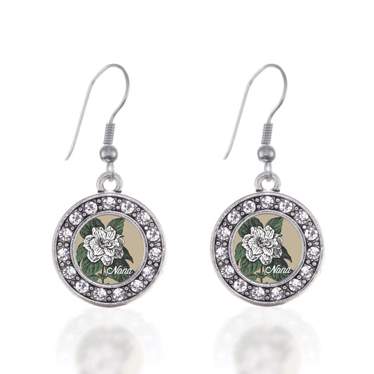 Silver Nana Gardenia Flower Circle Charm Dangle Earrings