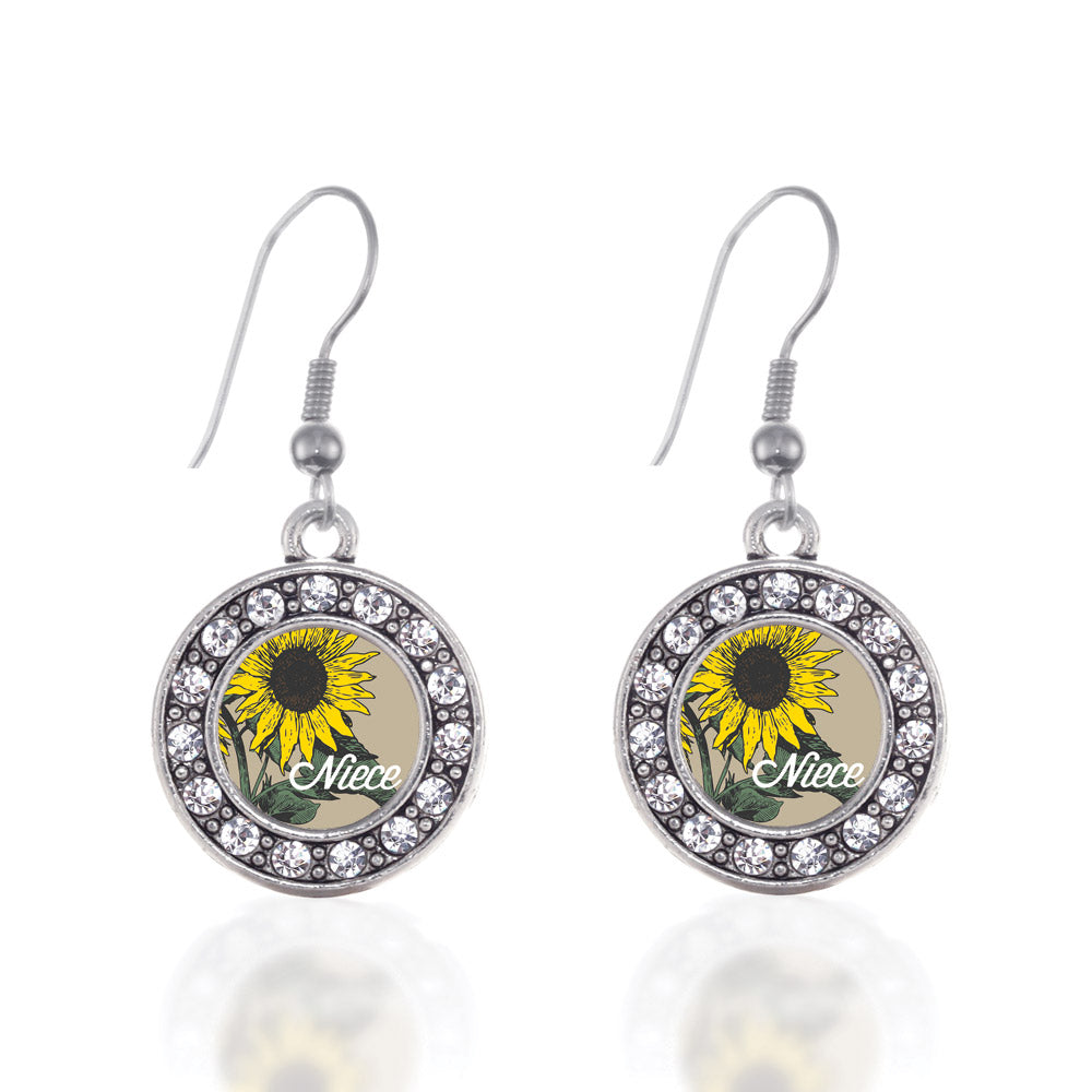 Silver Niece Sunflower Circle Charm Dangle Earrings