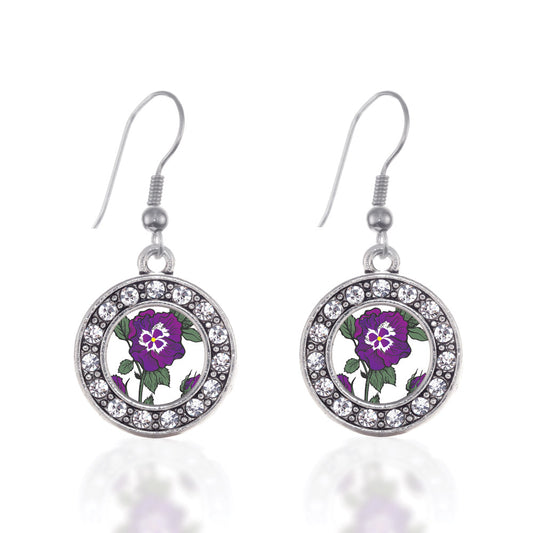 Silver Pansy Flower Circle Charm Dangle Earrings