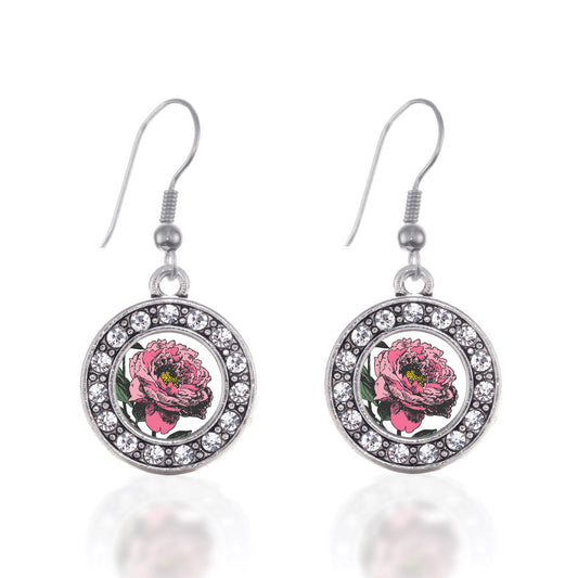 Silver Peony Flower Circle Charm Dangle Earrings