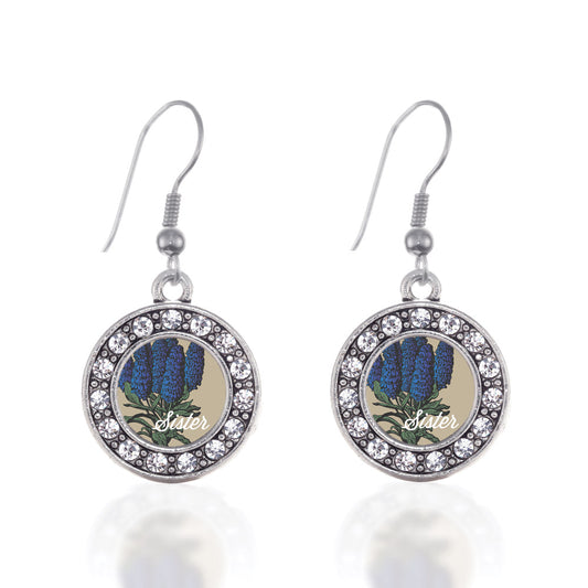 Silver Sister Delphinium Flower Circle Charm Dangle Earrings