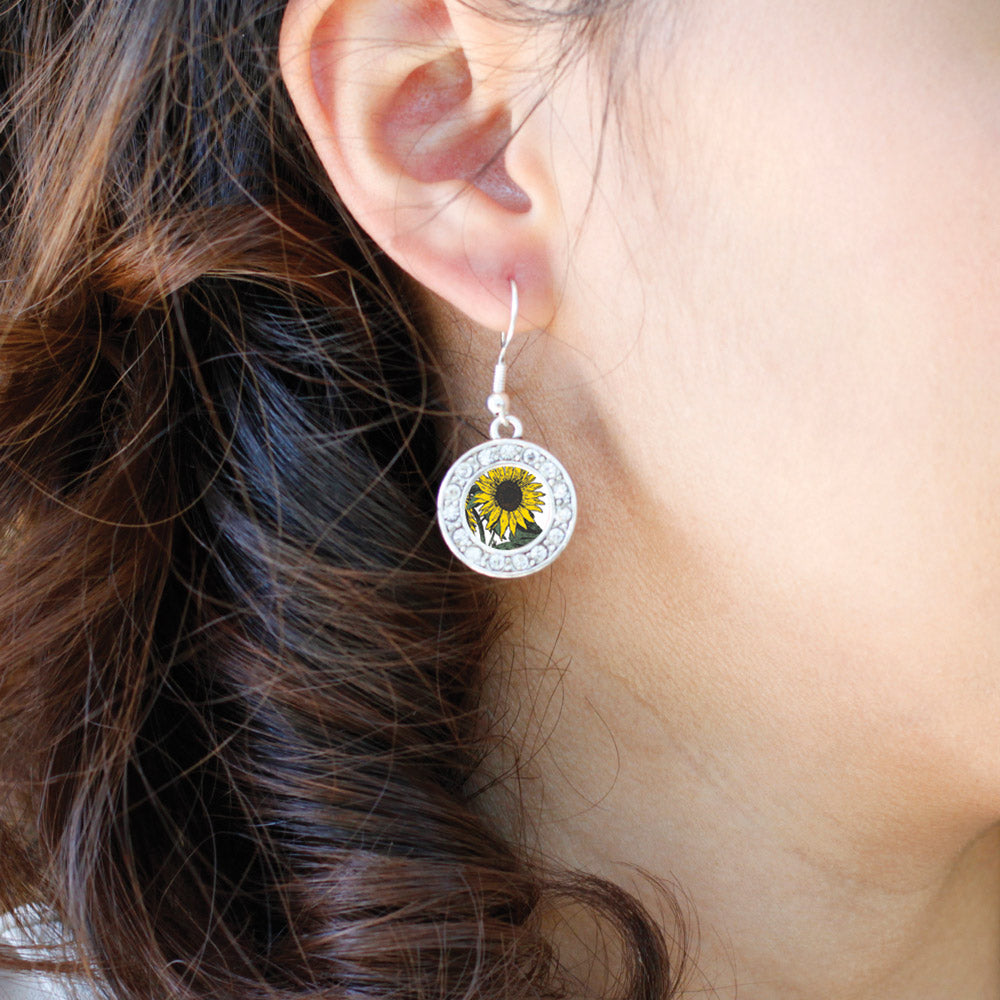 Silver Sunflower Circle Charm Dangle Earrings