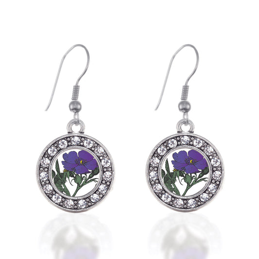 Silver Violet Flower Circle Charm Dangle Earrings
