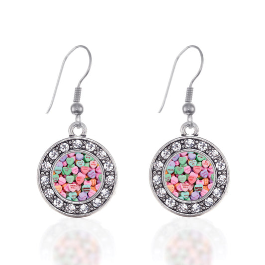 Silver Candy Hearts Circle Charm Dangle Earrings
