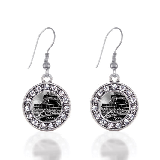Silver Black and Grey Eiffel Tower Circle Charm Dangle Earrings