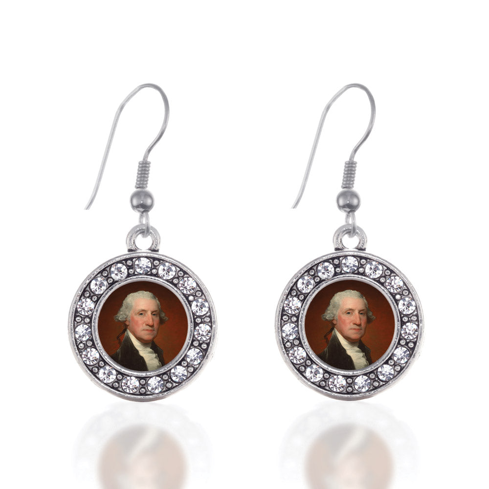 Silver George Washington Circle Charm Dangle Earrings