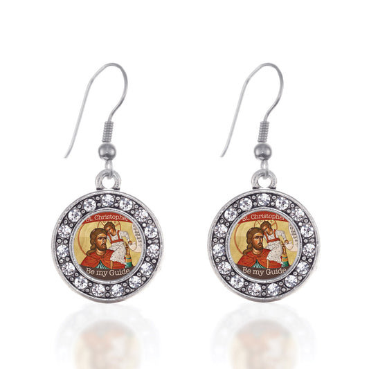 Silver St. Christopher Circle Charm Dangle Earrings