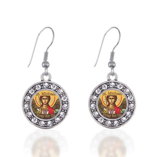 Silver St. Michael Circle Charm Dangle Earrings