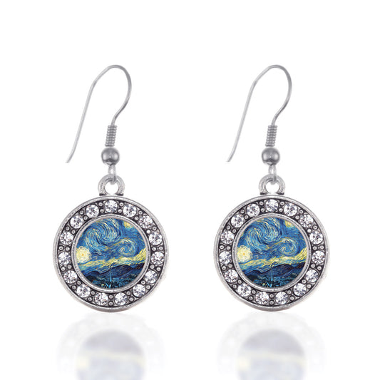 Silver Starry Night Circle Charm Dangle Earrings