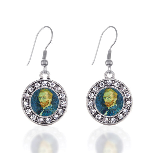 Silver Vincent Van Gogh Circle Charm Dangle Earrings