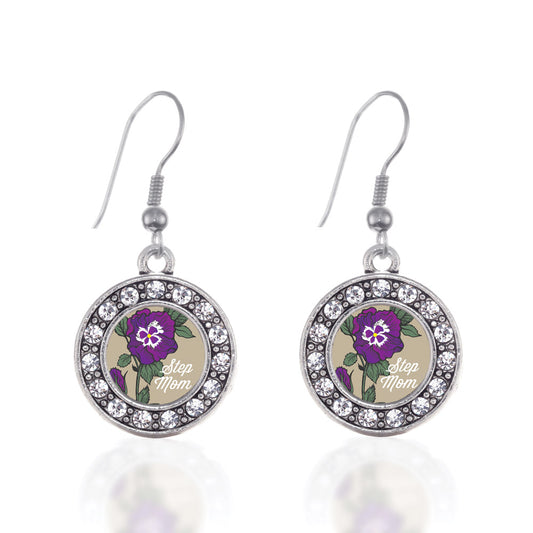 Silver Step Mom Pansy Circle Charm Dangle Earrings