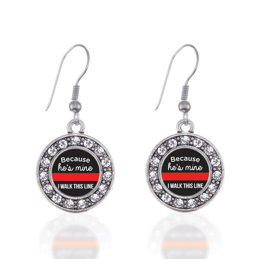 Silver Because He's Mine Red Line Circle Charm Dangle Earrings