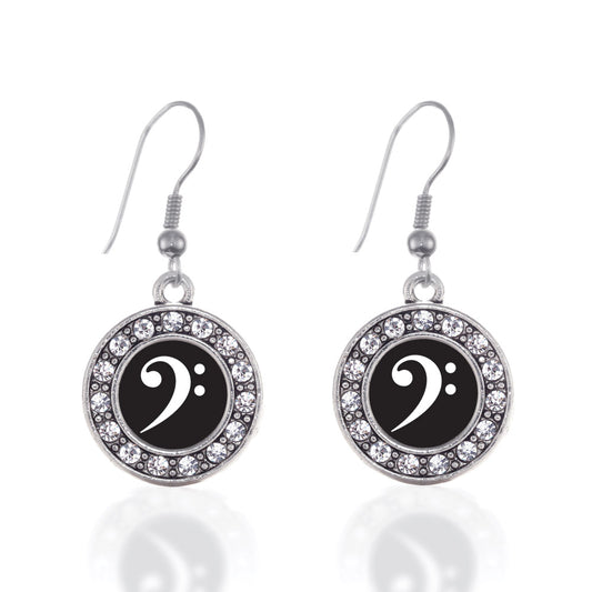 Silver Bass Clef Circle Charm Dangle Earrings