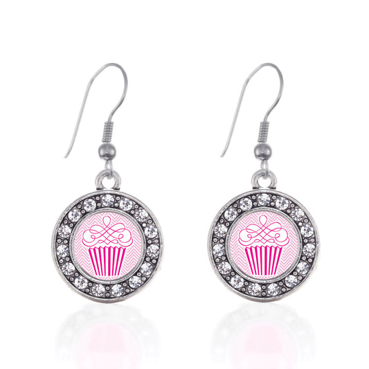 Silver Pink Chevron Cupcake Circle Charm Dangle Earrings