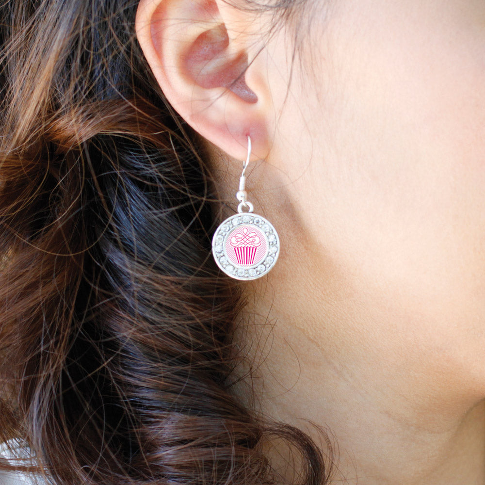 Silver Pink Chevron Cupcake Circle Charm Dangle Earrings