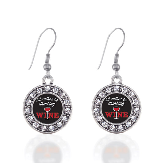 Silver I'd Rather Be Drinking Wine Circle Charm Dangle Earrings