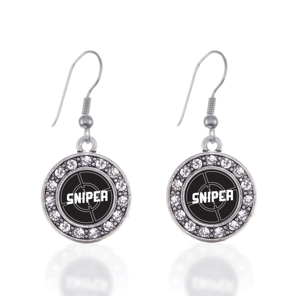 Silver Sniper Circle Charm Dangle Earrings