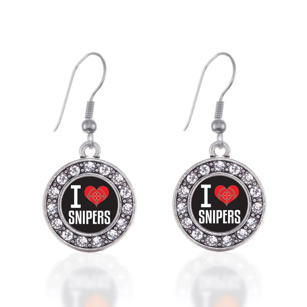 Silver I Love Snipers Circle Charm Dangle Earrings